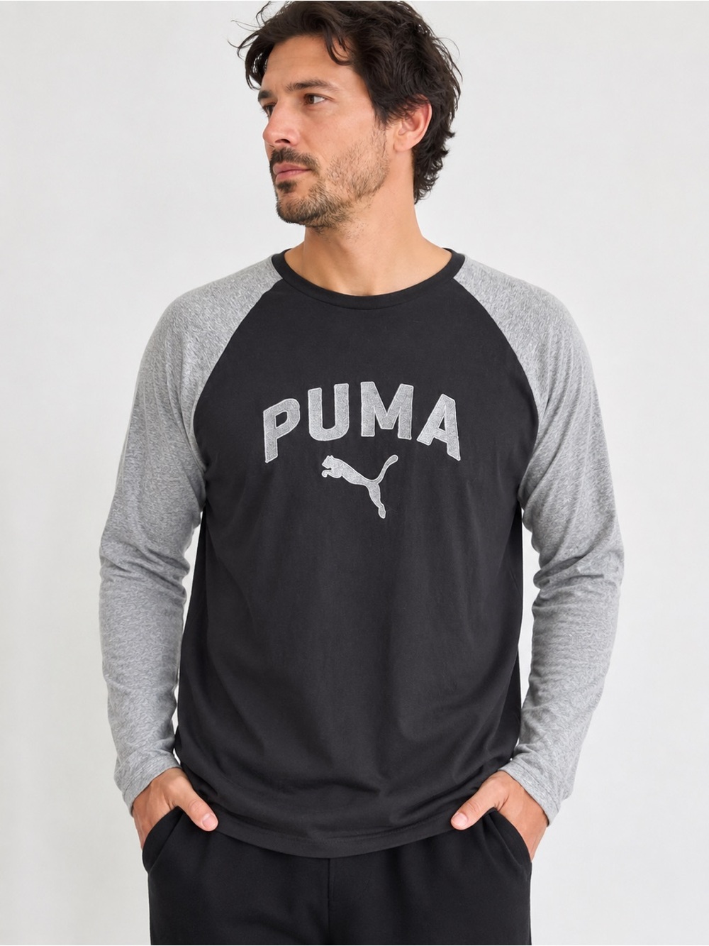 PUMA Black & Gray Raglan Long Sleeve Graphic Logo Tee Men’s XL